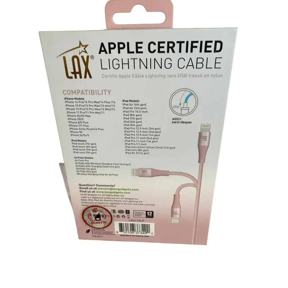 LAX Apple Certified Lightning Charging Cable Pink 10ft